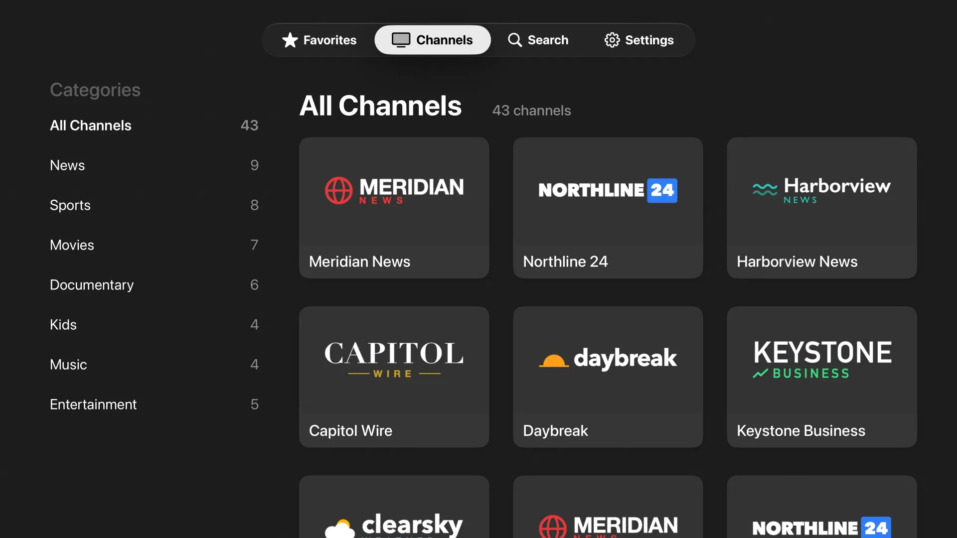 The Channels tab: categories on the left, a grid of channel logos on the right