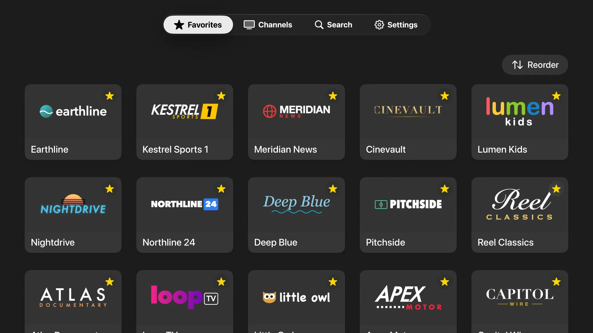 The Favorites tab: a grid of starred channels with a Reorder button